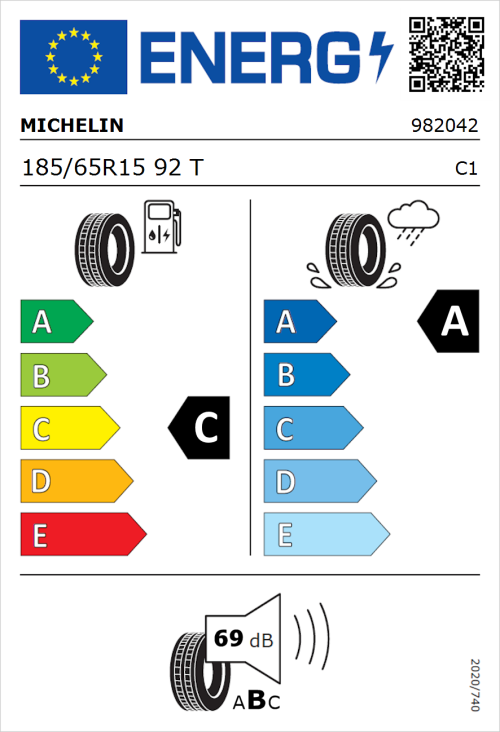 Tyre Label for Michelin Primacy 4 185/65R15 92T