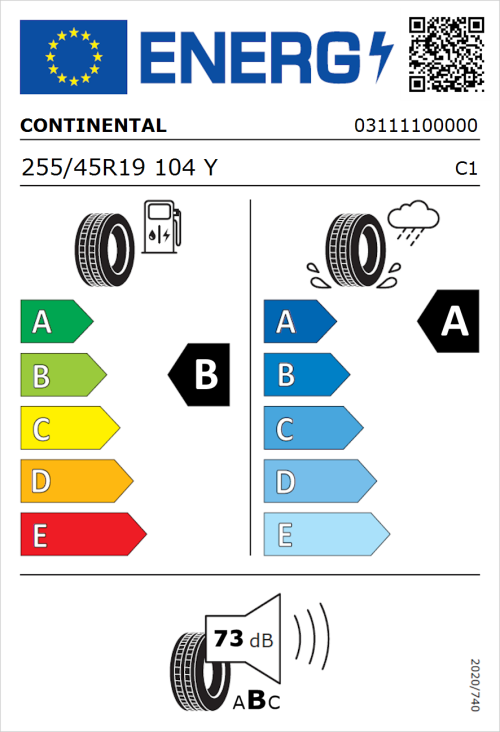 Tyre Label for Continental SportContact 6 ContiSilent 255/45R19 104Y