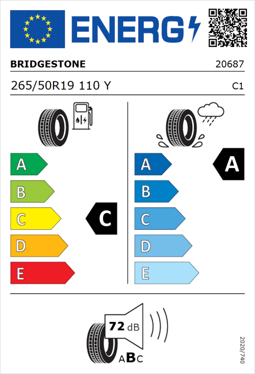 Tyre Label for Bridgestone Potenza Sport 265/50R19 110Y