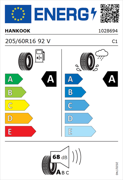 Tyre Label for Hankook Ventus Prime 4 (K135) 205/60R16 92V