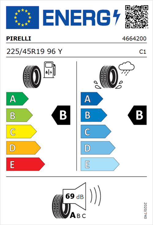 Tyre Label for Pirelli Powergy 2 225/45R19 96Y